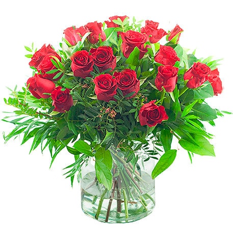 Boeket rode rozen met bladmateriaal