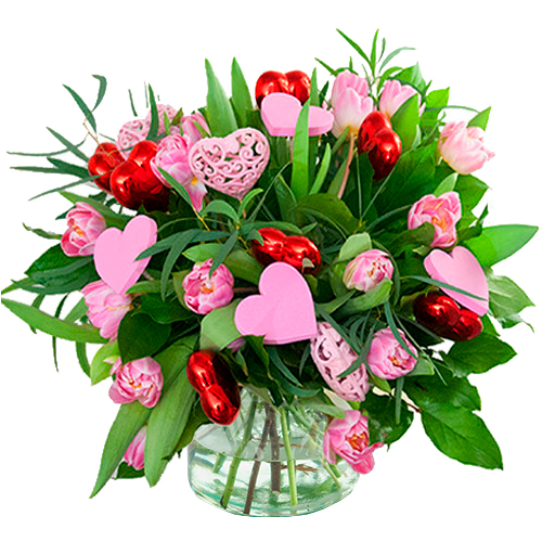 Valentijn boeket roze tulpen met hartjes