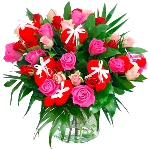 Moederdag bloemen boeket van rode en roze rozen met hartjes